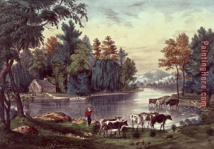 Currier and Ives Cows on the Shore of a Lake